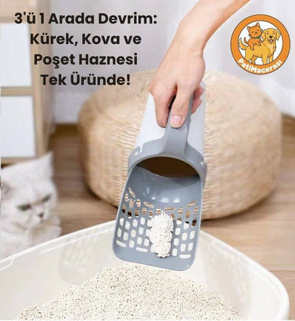 PatiMacerası™ 3'ü 1 Arada Akıllı Hazneli Kedi Kum Küreği (+1 Rulo HEDİYE)