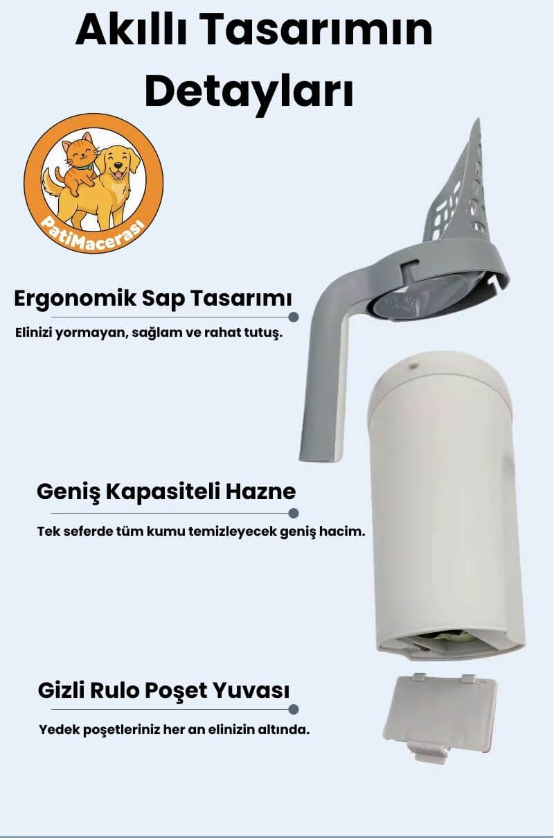 PatiMacerası™ 3'ü 1 Arada Akıllı Hazneli Kedi Kum Küreği (+1 Rulo HEDİYE)