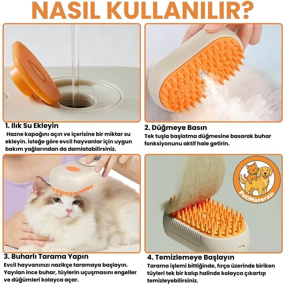 PatiMacerası™ 3’ü 1 Arada Buharlı Pet Spa Tarağı