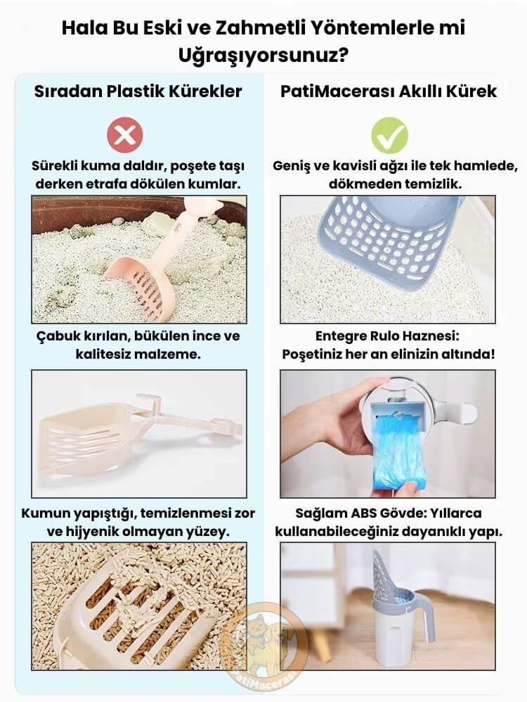 PatiMacerası™ 3'ü 1 Arada Akıllı Hazneli Kedi Kum Küreği (+1 Rulo HEDİYE)