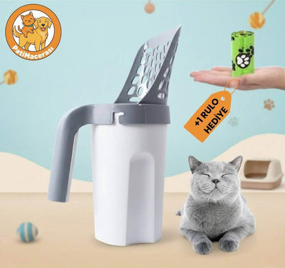PatiMacerası™ 3'ü 1 Arada Akıllı Hazneli Kedi Kum Küreği (+1 Rulo HEDİYE)