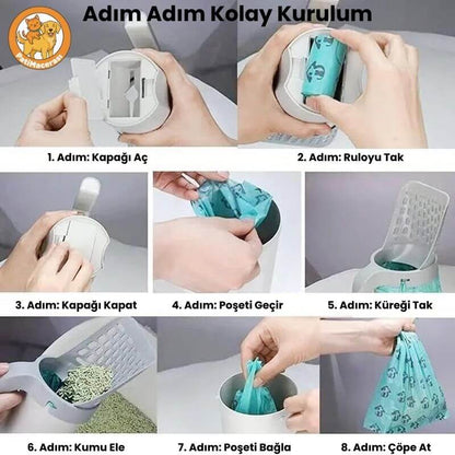 PatiMacerası™ 3'ü 1 Arada Akıllı Hazneli Kedi Kum Küreği (+1 Rulo HEDİYE)